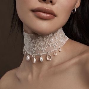 CHAN LUU Lace Choker with Pears and Crystals